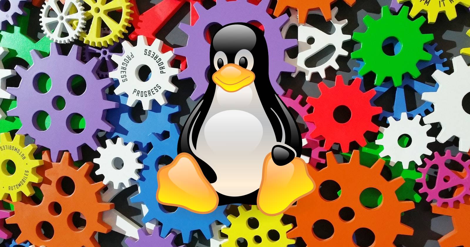 Логотип Tux на фоне шестерёнок