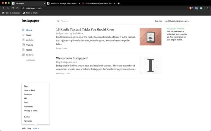 Закладка Save to Instapaper для панели закладок