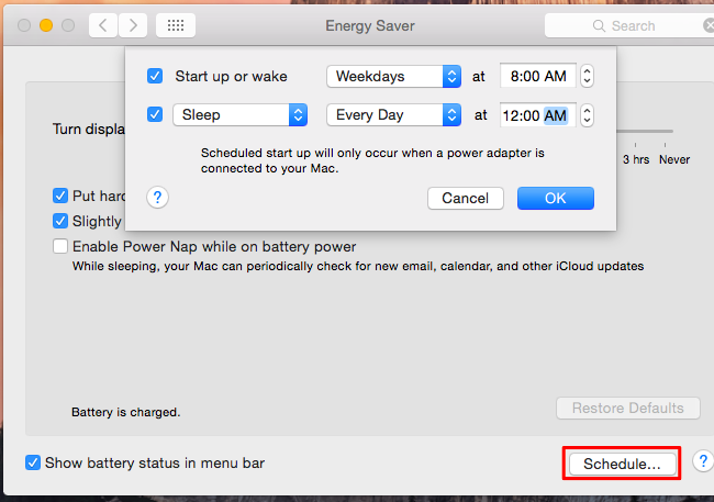 Параметры энергосбережения macOS с кнопкой Schedule