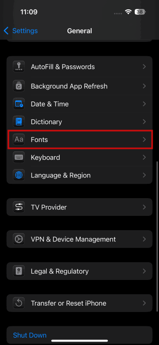 Навигация к Шрифтам в настройках iPhone