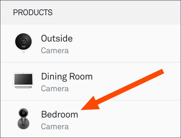 Список устройств в разделе Products, выбор камеры