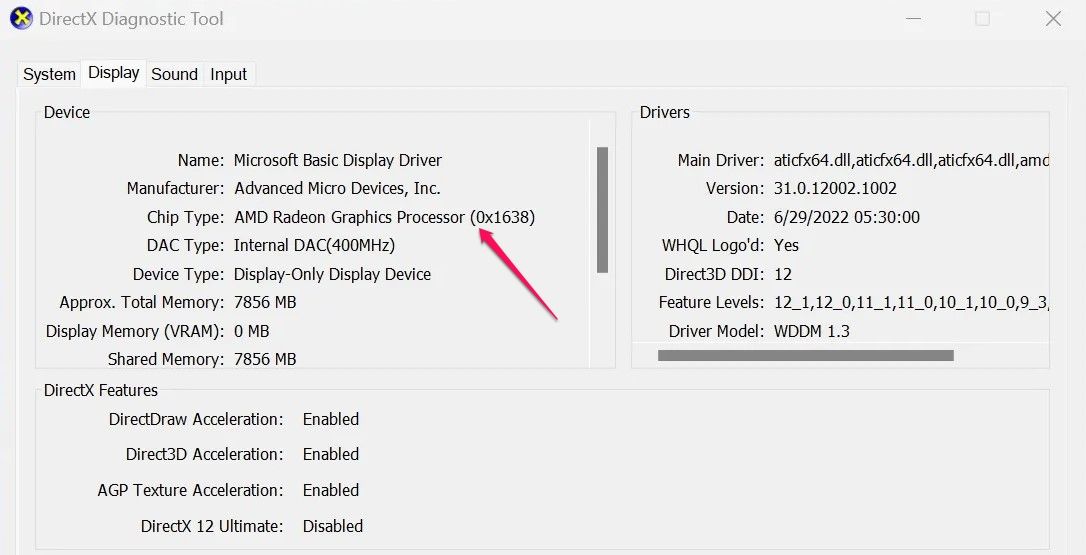 Вкладка «Экран» в DirectX Diagnostic Tool