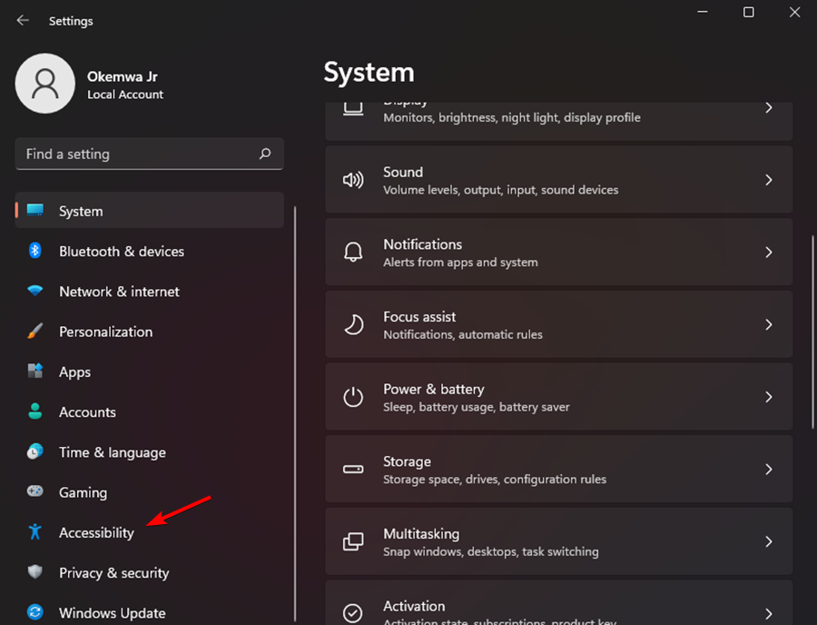 Выбор раздела Специальные возможности в Параметрах