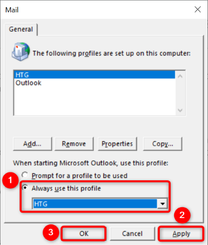 Установите новый профиль по умолчанию в Outlook.