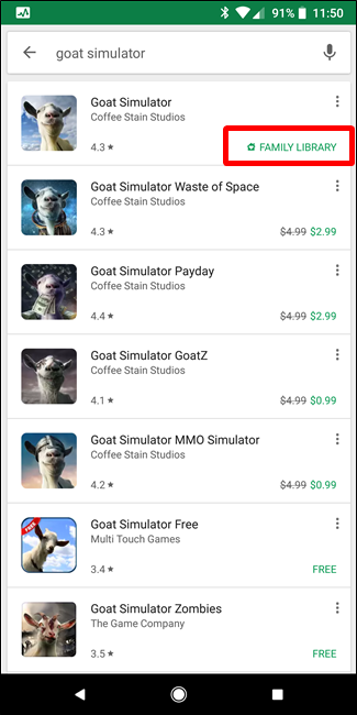 Пример пометки элемента в Play Маркете как доступного в Семейной библиотеке