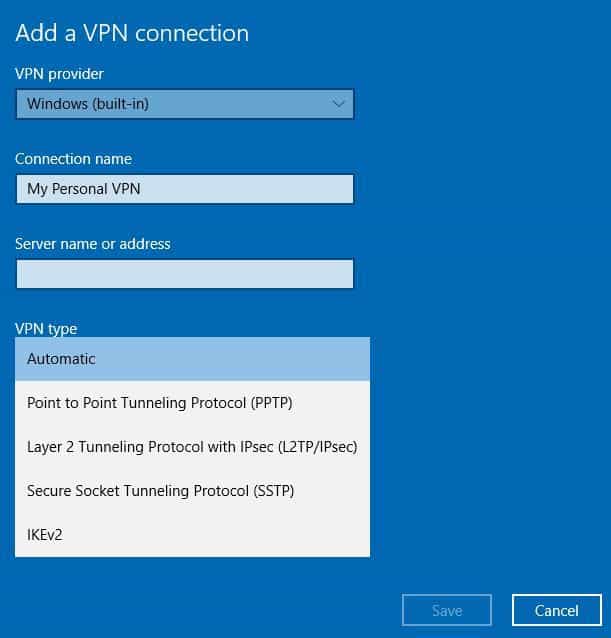 Выбор типа VPN (протокол) в Windows
