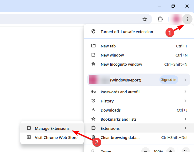 Меню Chrome: Управление расширениями