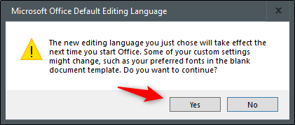 Сообщение: изменения вступят в силу при следующем запуске Office