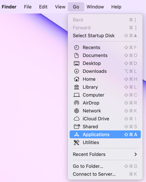 Пункт Go, Applications в меню Finder на Mac