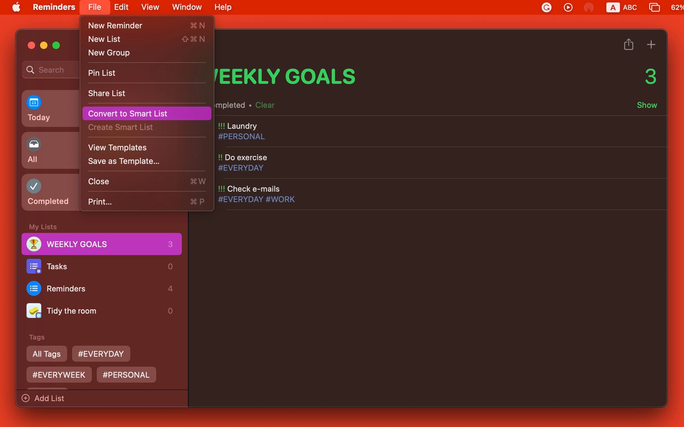 Меню файла в приложении «Напоминания» на Mac