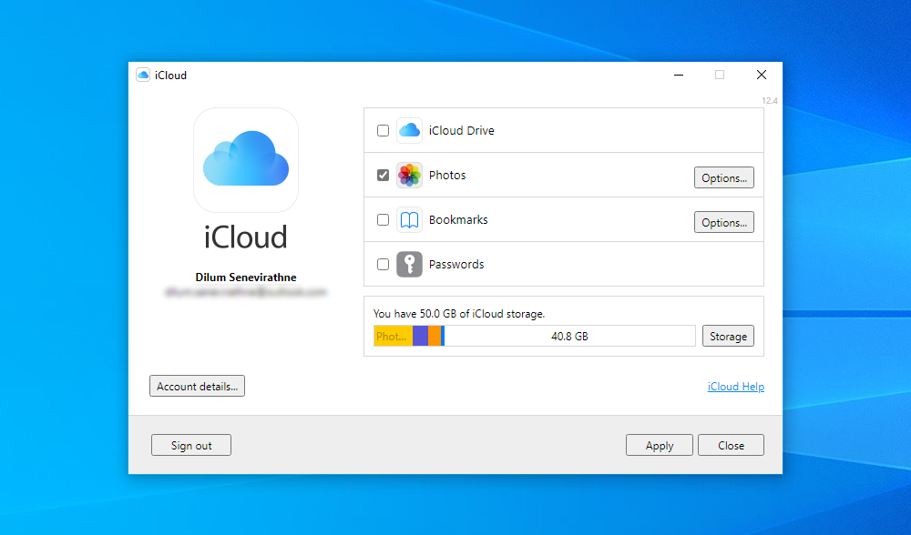 Окно приложения iCloud на рабочем столе Windows