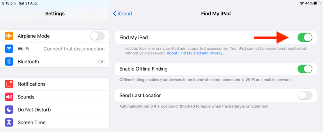 Переключатель для включения или отключения Find My iPad