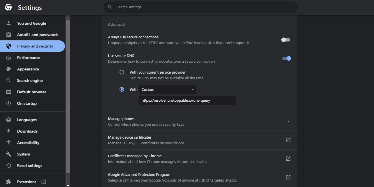 Скриншот пользовательских настроек DNS в Chrome