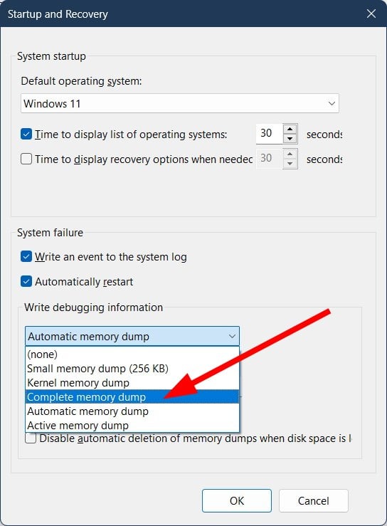 Выбор типа дампа памяти в настройках Windows