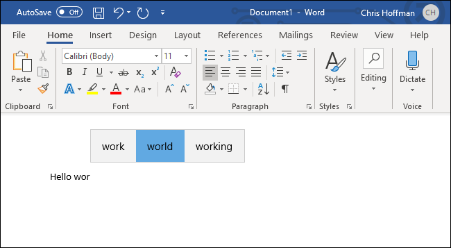 Подсказки текста Windows 10 над строкой ввода в Microsoft Word