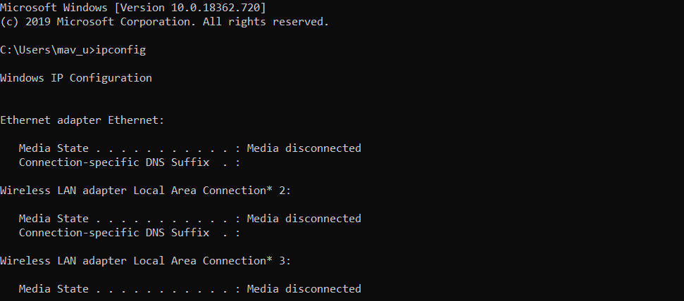 Вывод ipconfig с указанием Default Gateway