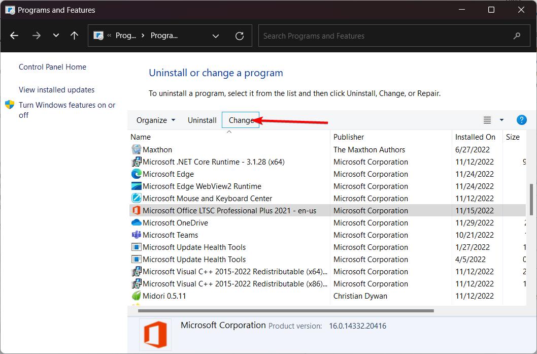 Выбор клиента Office и кнопка Изменить