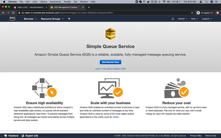 Стартовая страница Simple Queue Service с кнопкой создания