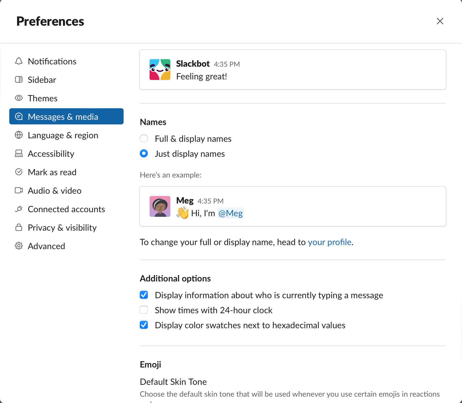 Опция 'Только отображаемые имена' в настройках сообщений Slack