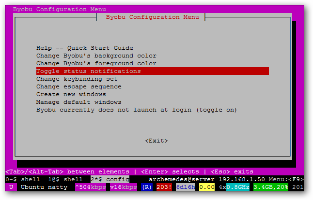 Меню конфигурации Byobu для выбора виджетов и поведения