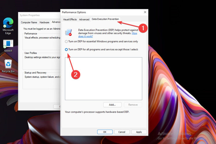 Вкладка Предотвращение выполнения данных (DEP)