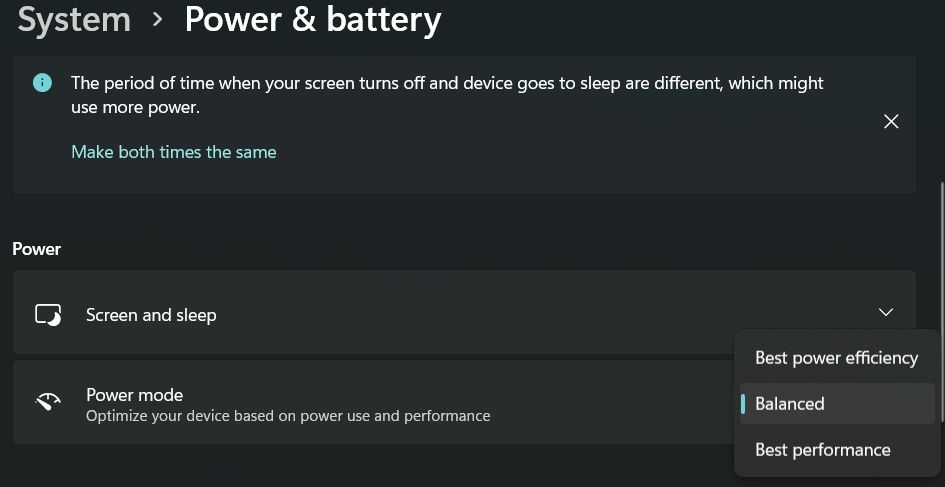 Параметры питания и батареи Windows 11 — меню Power mode