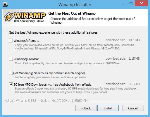 Не все галочки сняты при установке Winamp