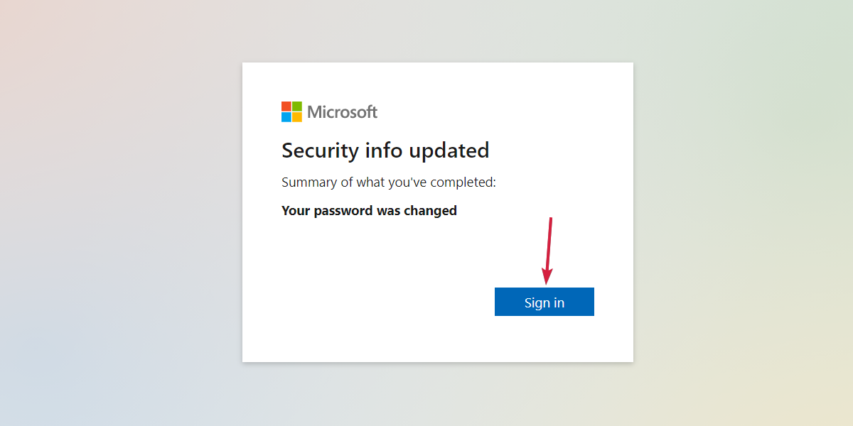 Уведомление об успешной смене пароля и кнопка входа