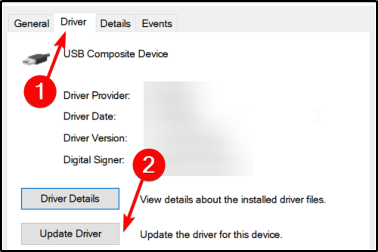 Вкладка Драйвер с кнопкой Обновить драйвер