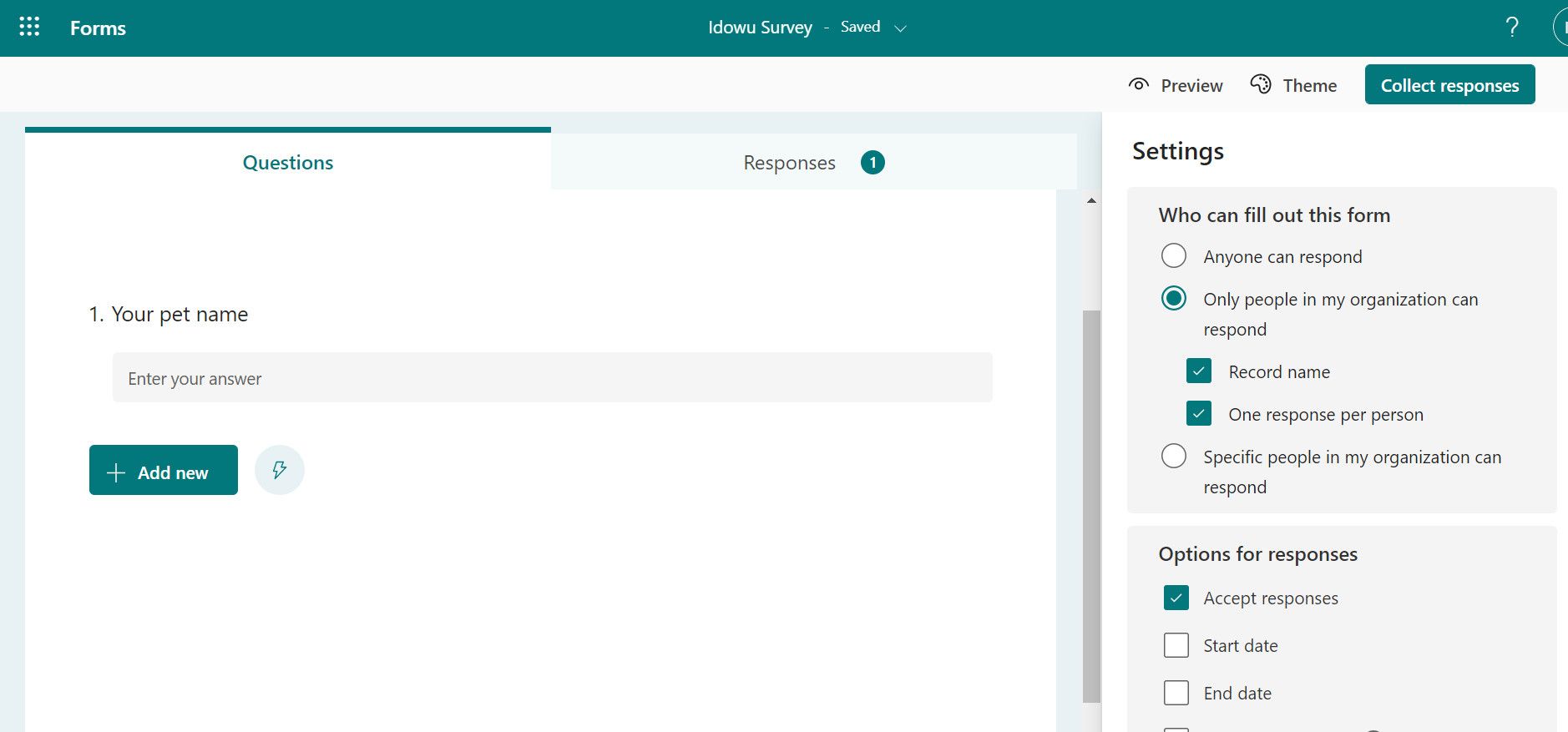 Вкладка настроек Microsoft Forms с опциями доступа и ограничений