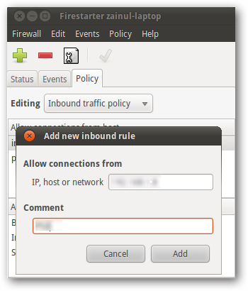Окно Firestarter с добавленным IP-адресом Android