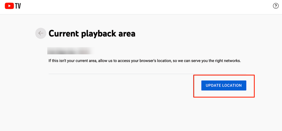 Скриншот кнопки обновления местоположения в мобильном приложении YouTube TV