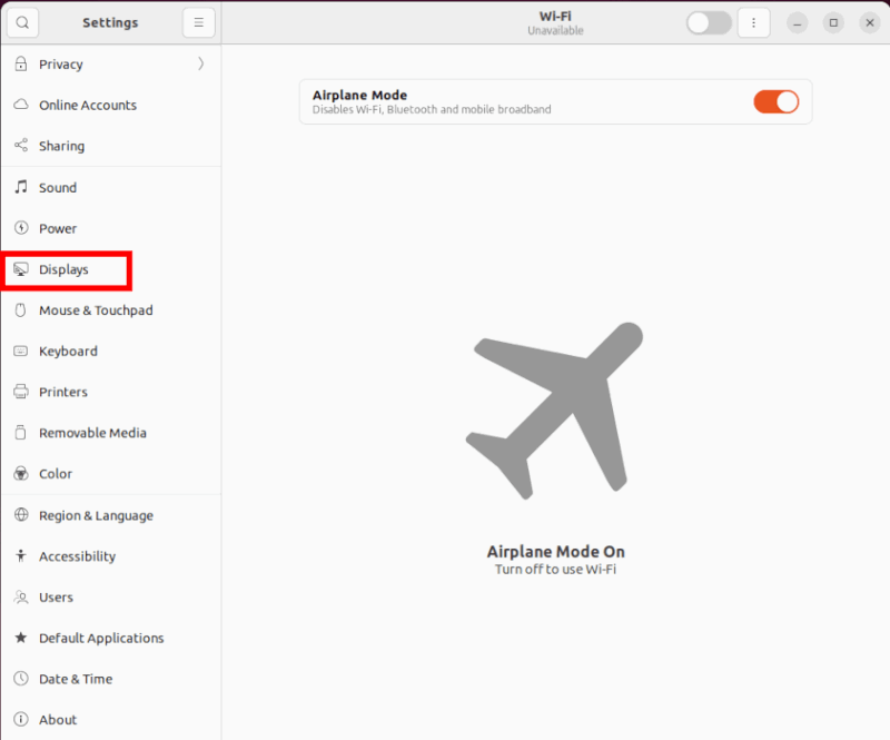 Скриншот категории Дисплеи в настройках GNOME, подсвечен пункт Displays.