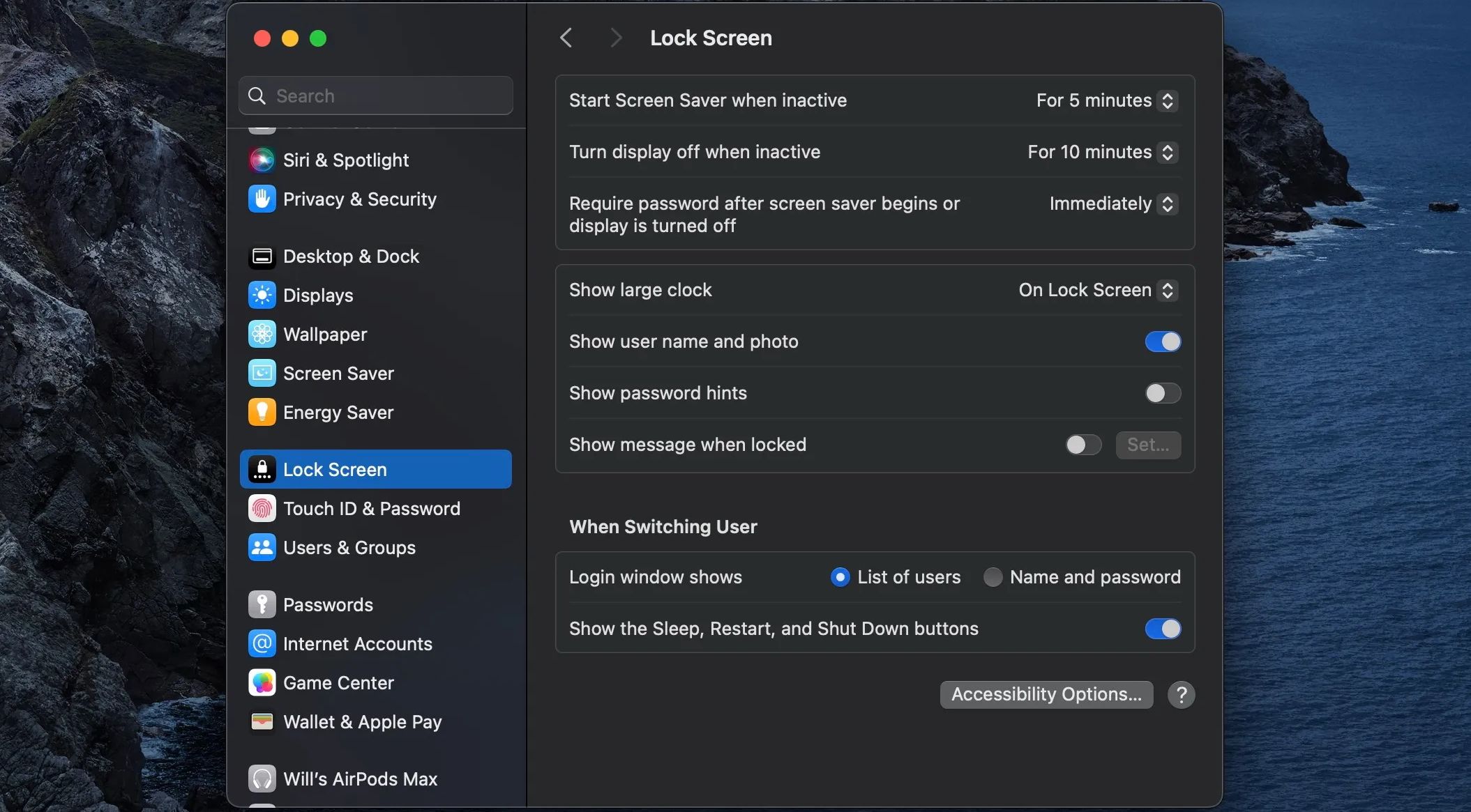 Раздел «Блокировка экрана» в Системных настройках