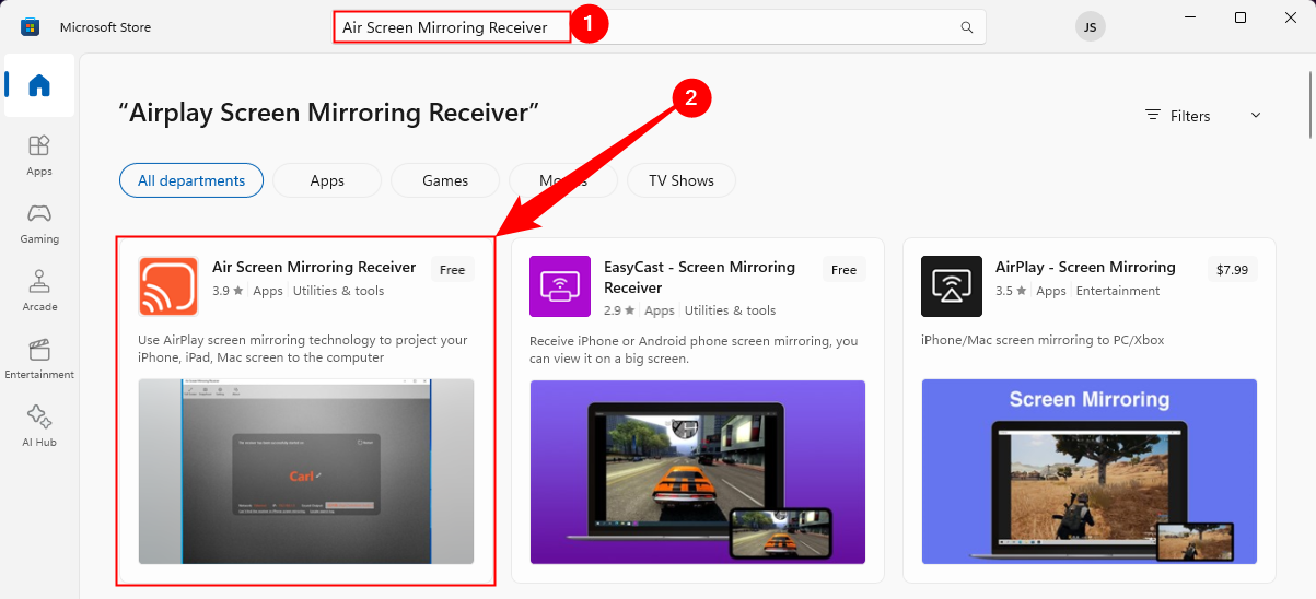 Поиск 'Air Screen Mirroring Receiver' в Microsoft Store, затем выбрать первый результат.