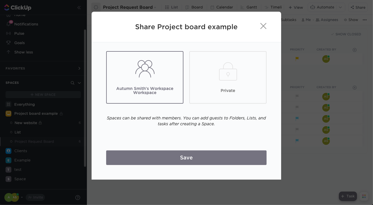 Меню прав доступа в ПО для управления проектами