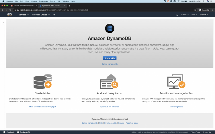 Главная страница DynamoDB, кнопка Create table выделена