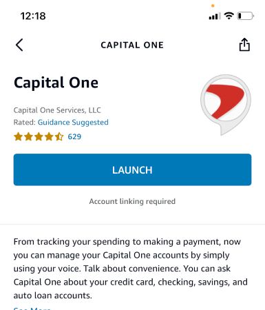 Страница запуска навыка Capital One в приложении Alexa