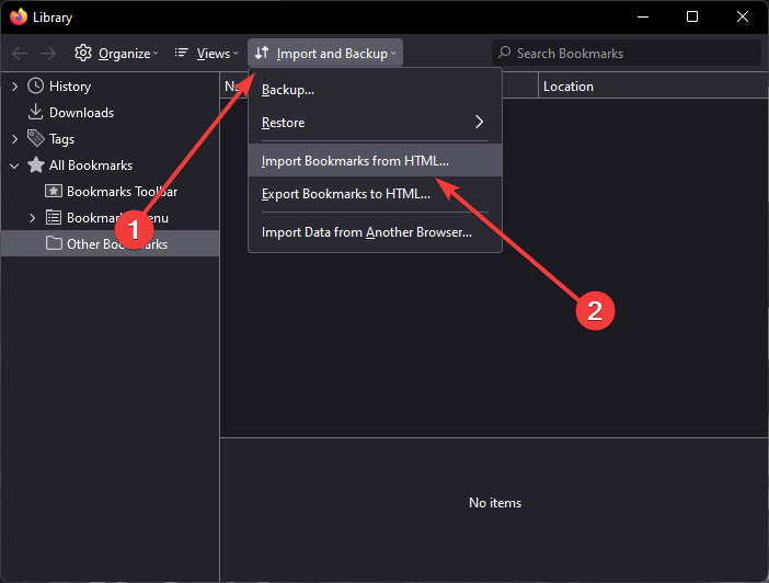 Окно управления закладками в Firefox