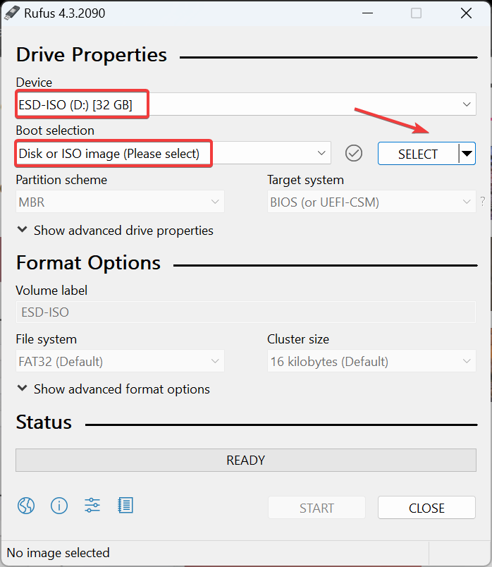 Выбор устройства в Rufus