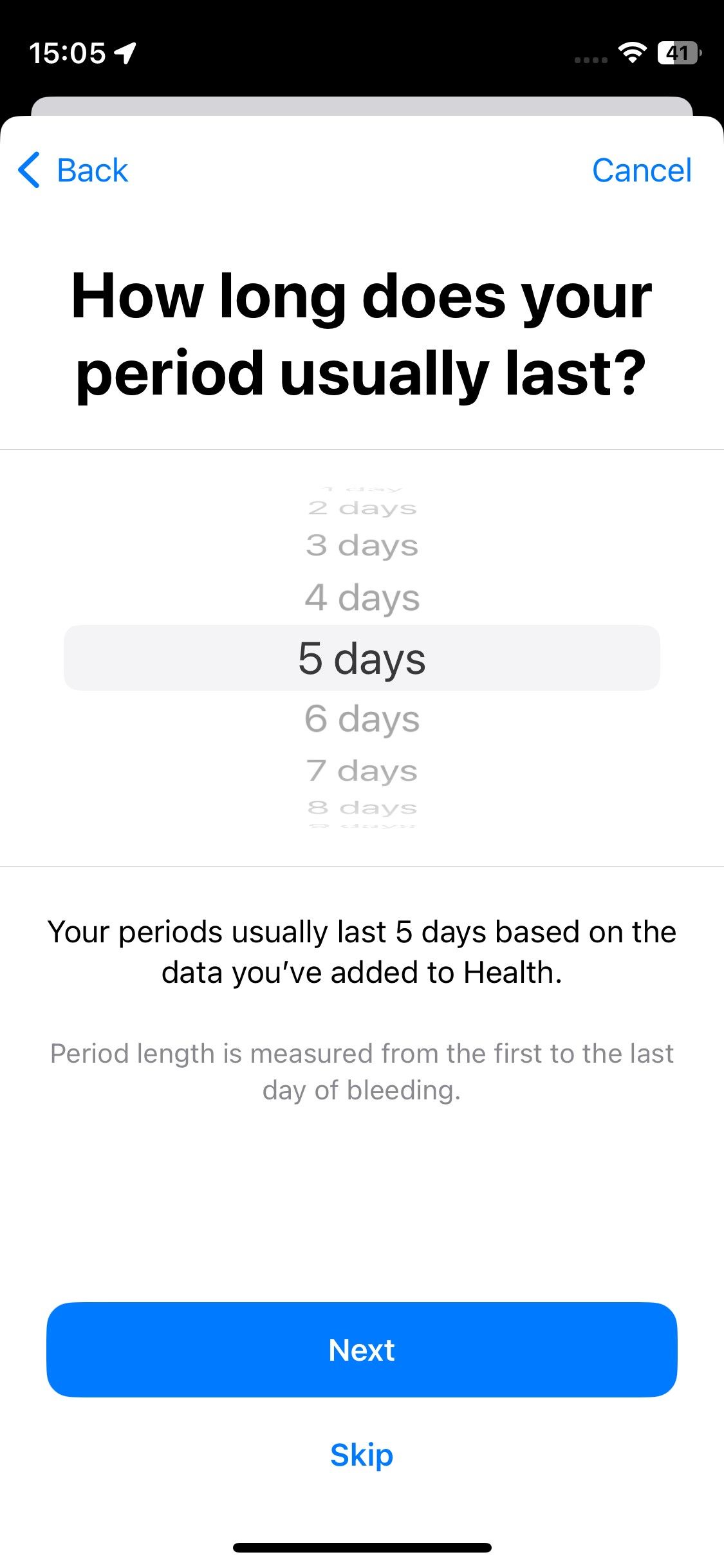 Указание длительности менструации