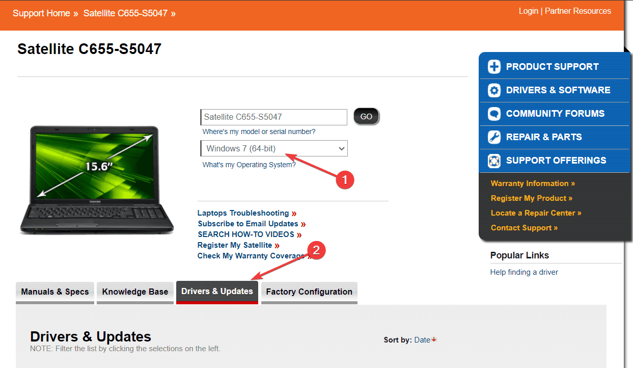 Фильтр списка драйверов по операционной системе на сайте поддержки