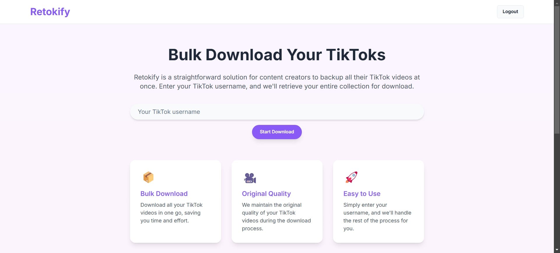 Интерфейс Retokify для массовой загрузки видео по имени пользователя