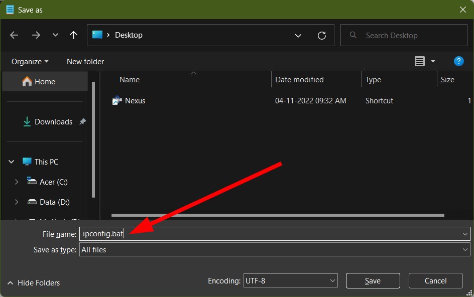 Сохранение файла с расширением .bat