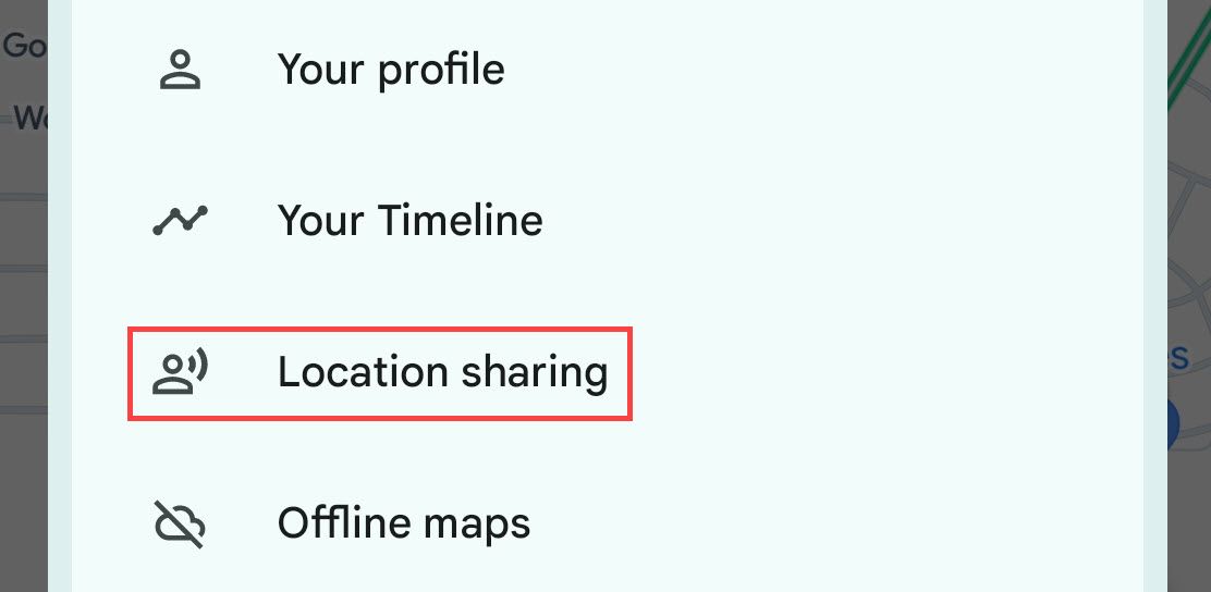 Меню Google Maps с опцией совместного использования местоположения