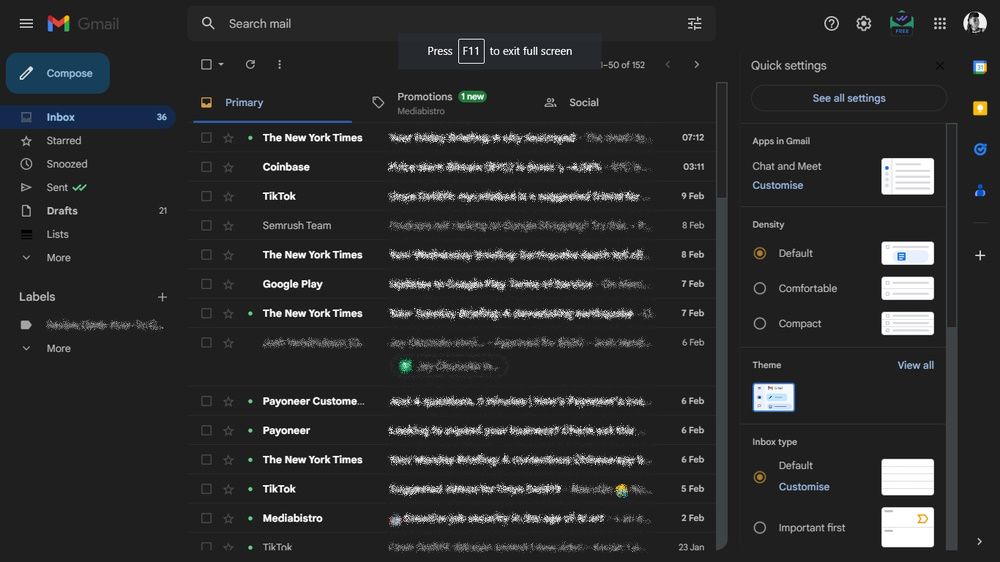 меню Быстрые настройки Gmail