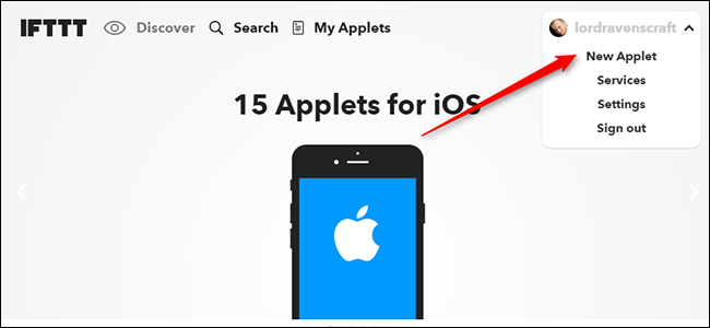 Кнопка New Applet в меню IFTTT