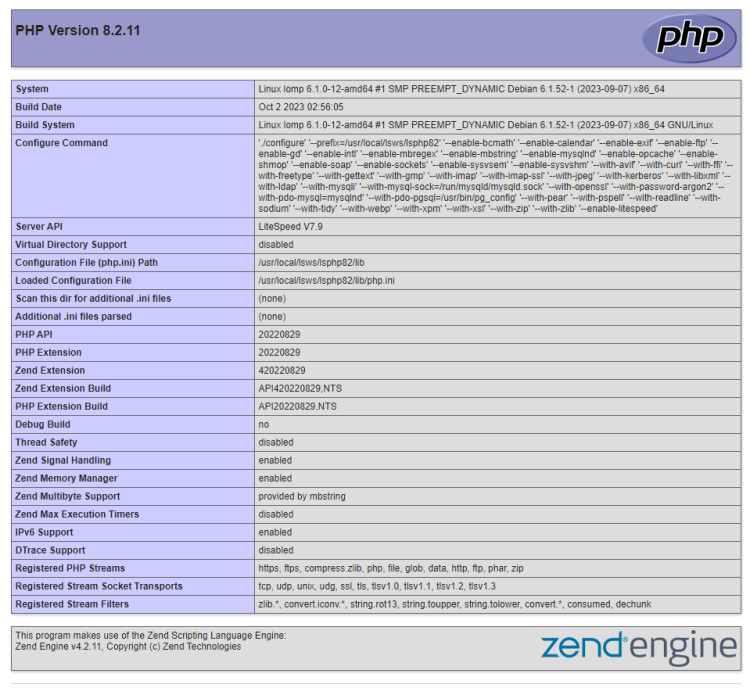 Информация о PHP в OpenLiteSpeed