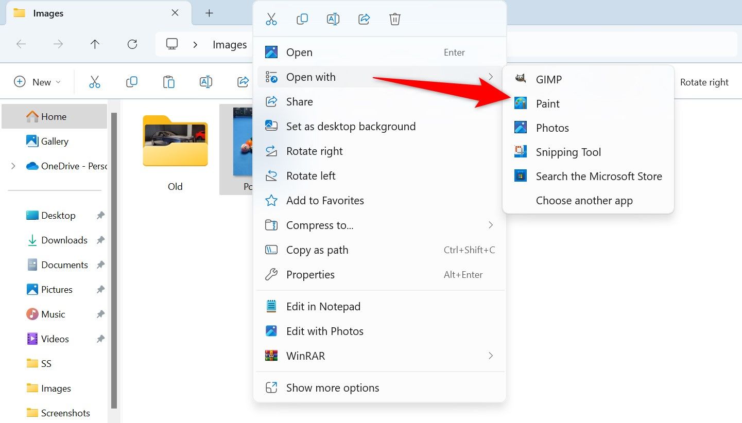 Выбор Открыть с помощью > Paint для фотографии в Проводнике