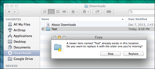 Предупреждение: кнопка «Заменить» удалит файлы в исходной папке